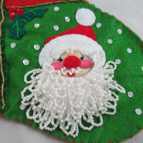 Felt Applique Christmas Stocking Santa Sequins Beads Finished Complete Handsewn - Picture 6 of 9